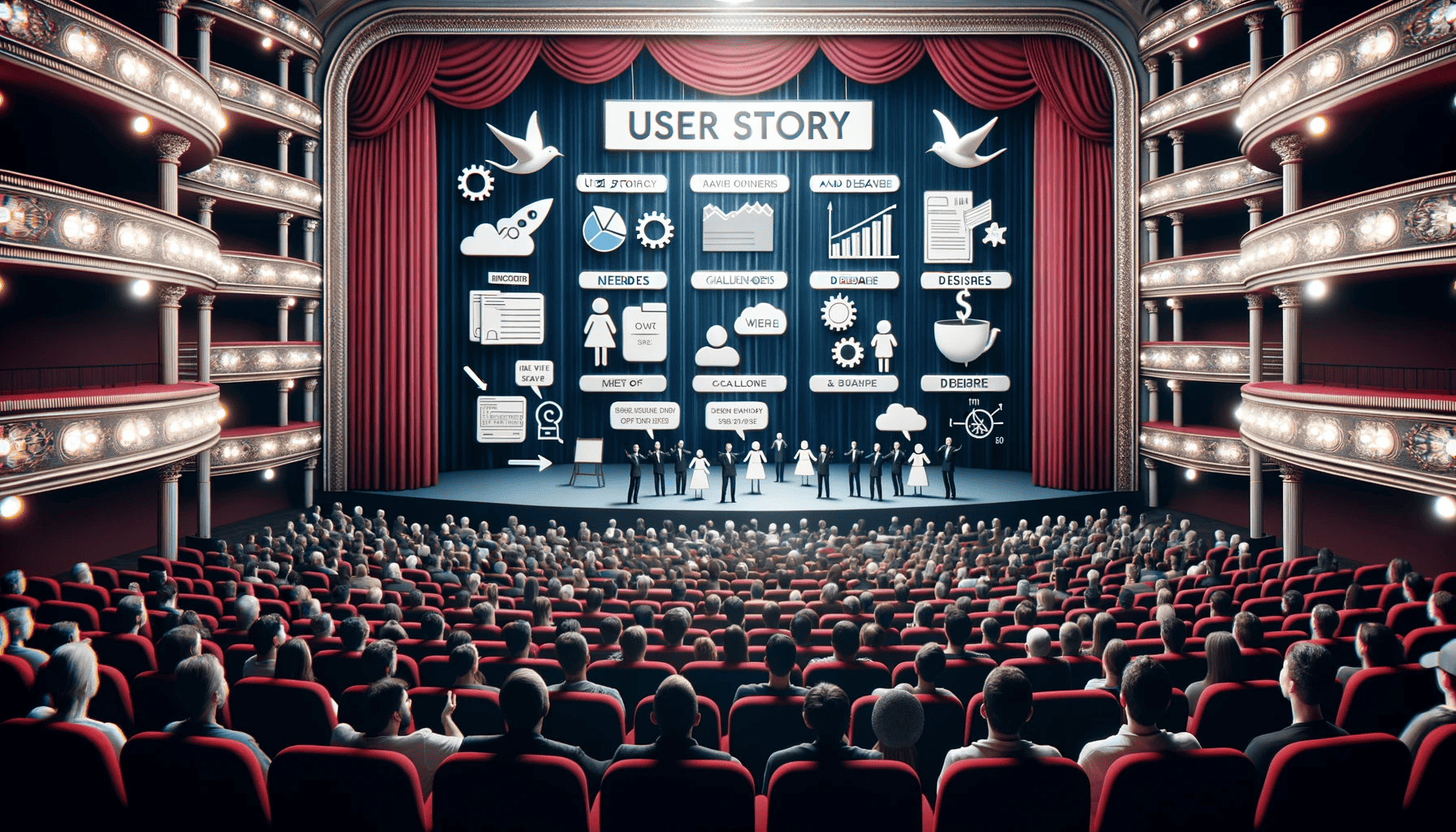 jira user story example metaphor with theater audience watching stage with business symbols floating above actors on the stage