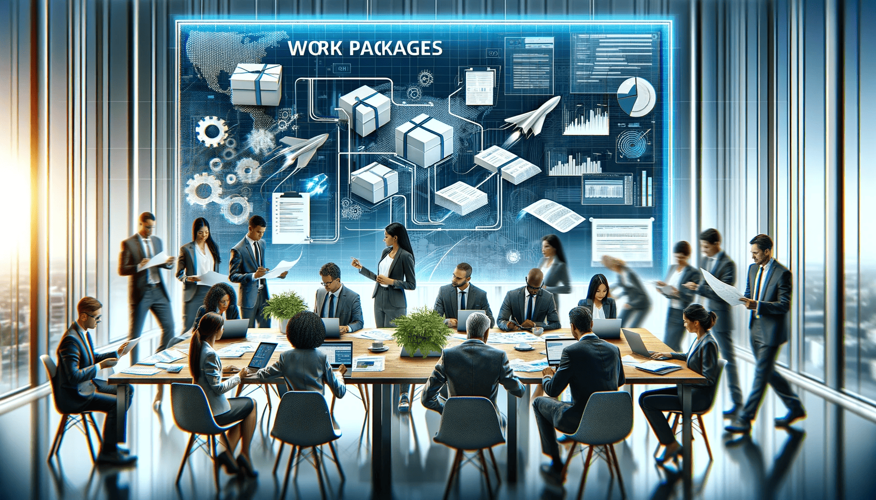 EasyBA - A dynamic and informative blog header image illustrating the concept of 'work packages' in project management. The image features a modern office