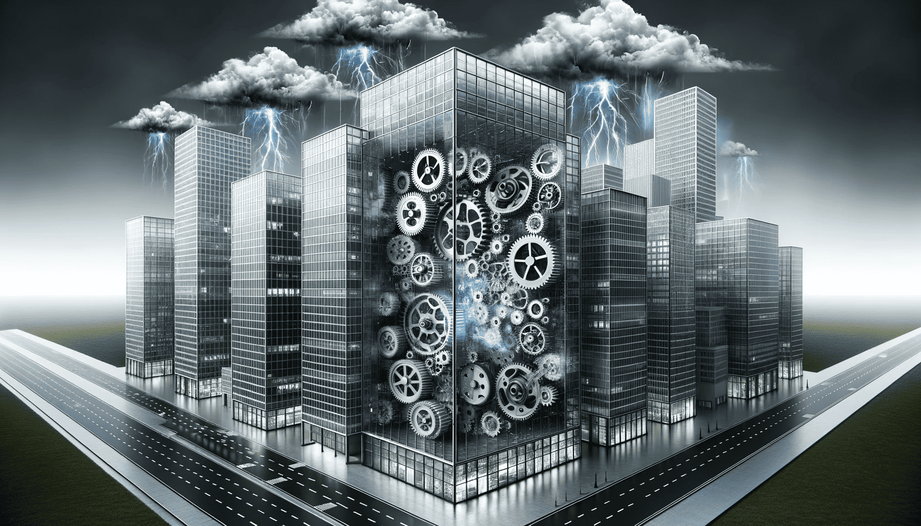 Business Continuity Risk Assessment shown by a building with gears showing through and a lightning storm above