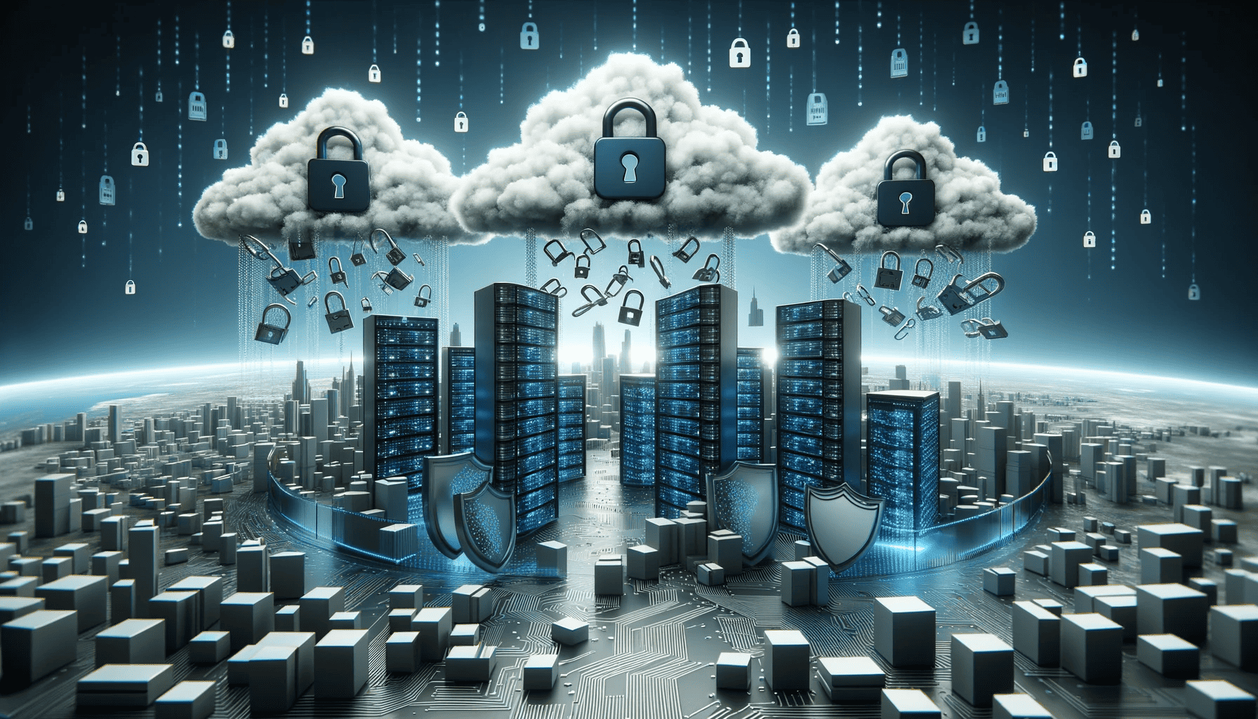 privacy risk assessment embodied by a city covered in computer circuits with security locks in clouds and locks raining from the sky