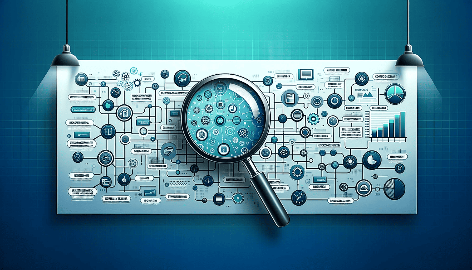 EasyBA blog header image for internal audit risk assessment shows several connected systems with a magnifying glass zooming in on part of the diagram