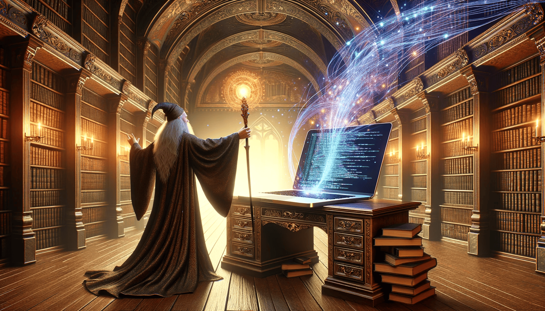 mastering user story software and its benefits blog showing a wizard in a library with a magical computer
