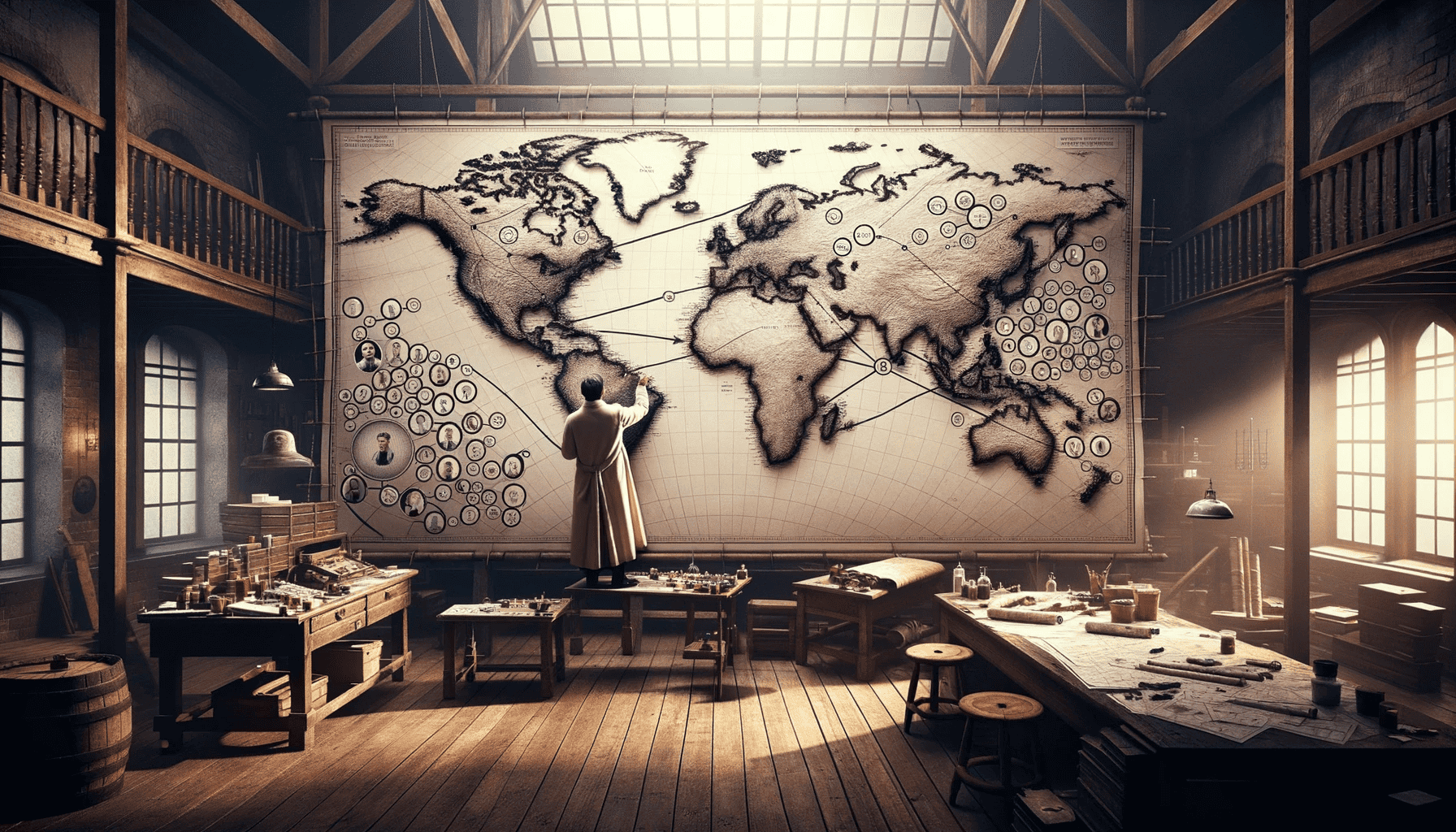 user story mapping example shown metaphorically as an old school cartographer looking at a large world map on the wall with business user symbols around it