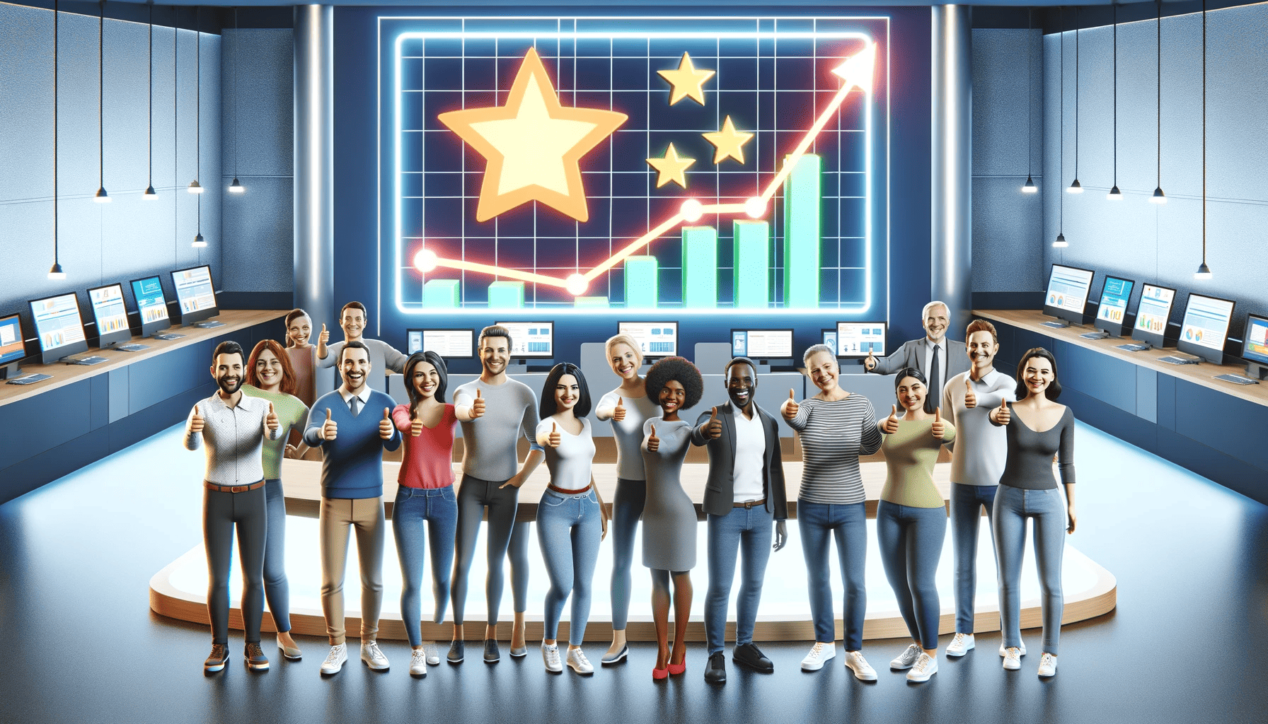 customer satisfaction index image showing a group of diverse people giving thumbs up in front of a chart showing growth