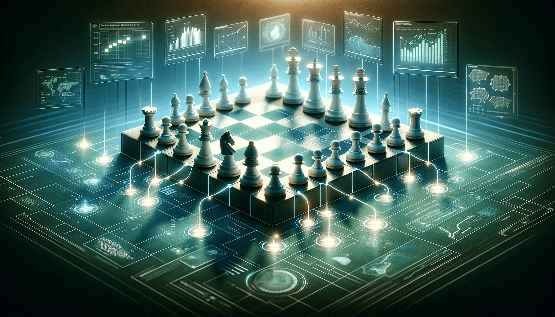 a metaphor for sequence diagrams showing chess pieces with a variety of 3D data imagery