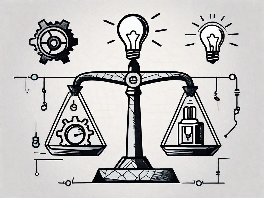 A balanced scale with symbolic icons representing various business elements like a light bulb (for innovation) and a gear (for operations) on one side indicating strengths