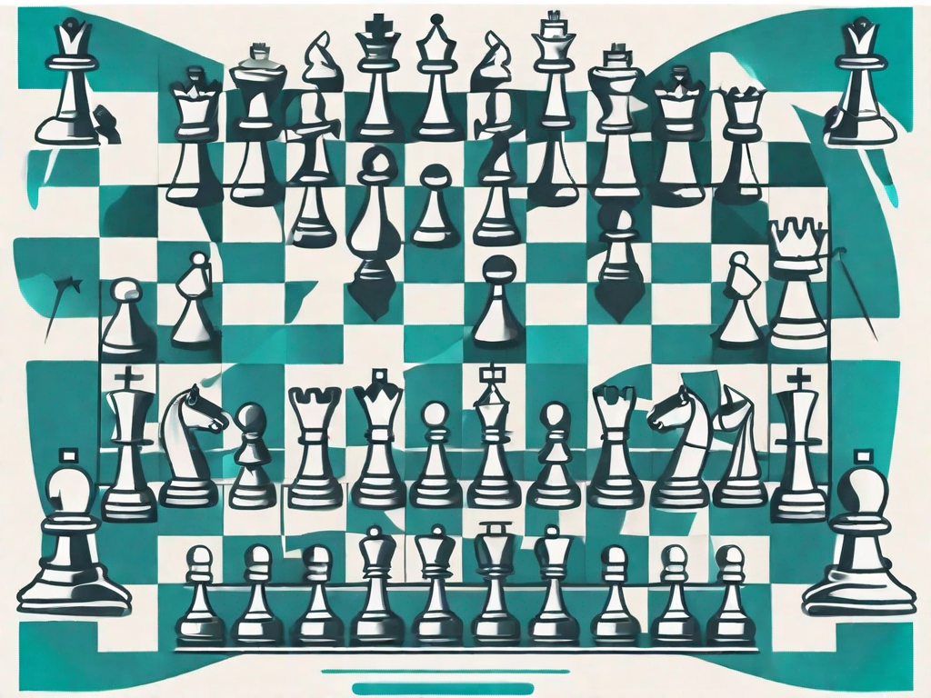 A chess board with various business-related icons as chess pieces