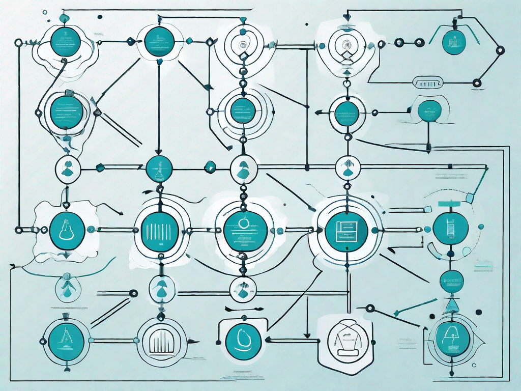 A flowchart with various interconnected shapes and symbols