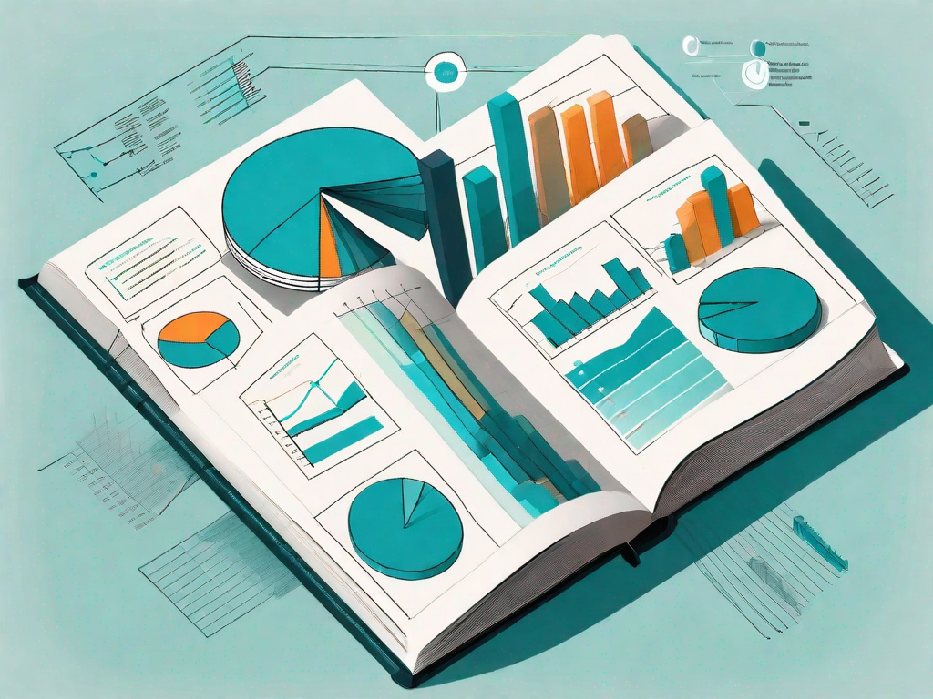 A large book opening up to reveal a variety of data types like pie charts