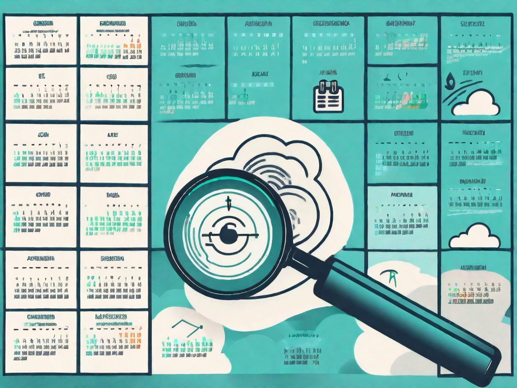 A magnifying glass examining a checklist with symbols of various potential risks such as a storm cloud