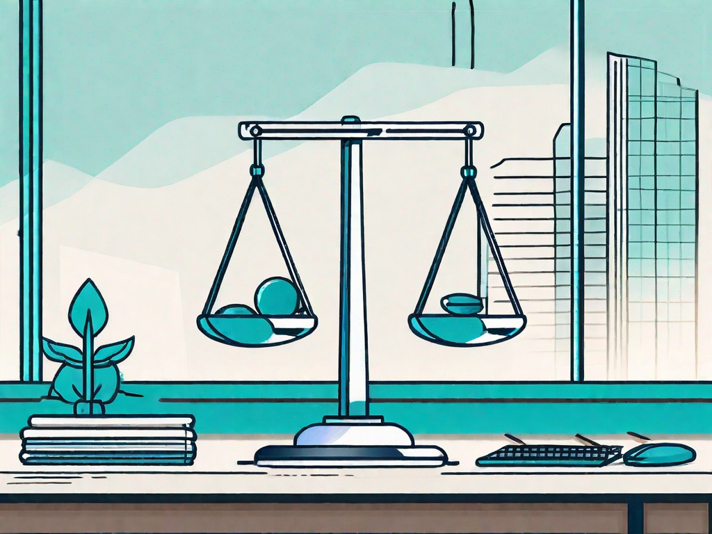 A balance scale with audit risk factors on one side and assessment tools on the other