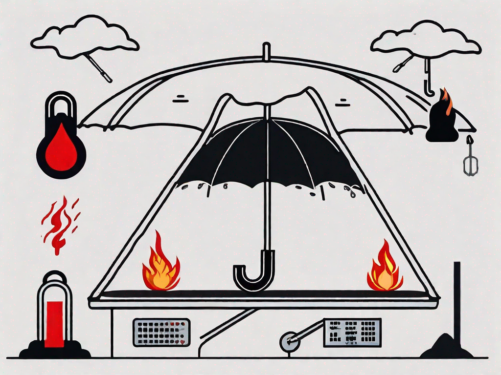 A balance scale with symbols of various potential risks (like a storm cloud