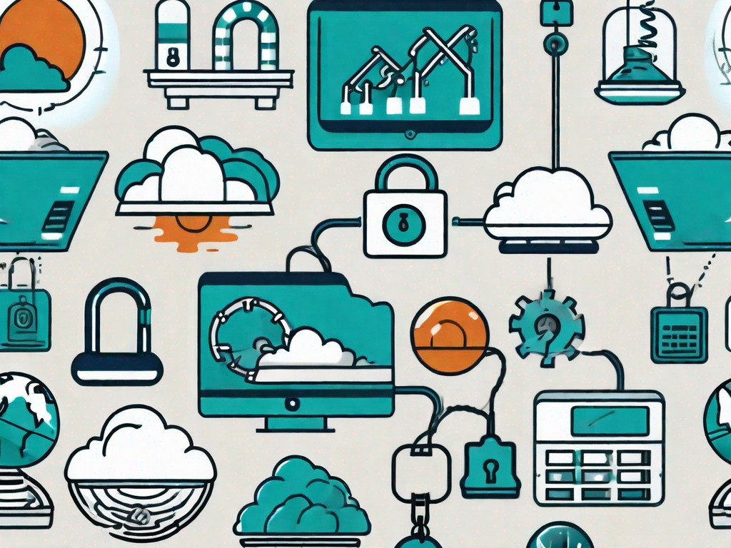 A balance scale with various company-related icons such as a factory