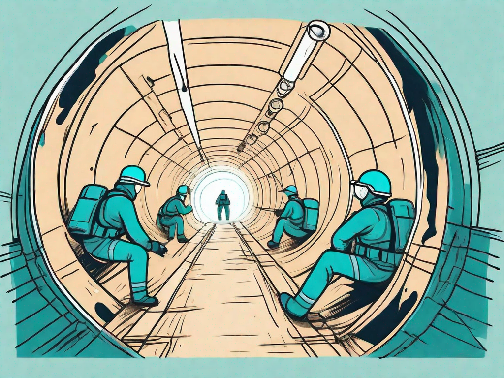 A confined space such as a tunnel or a tank with visible safety equipment like helmets