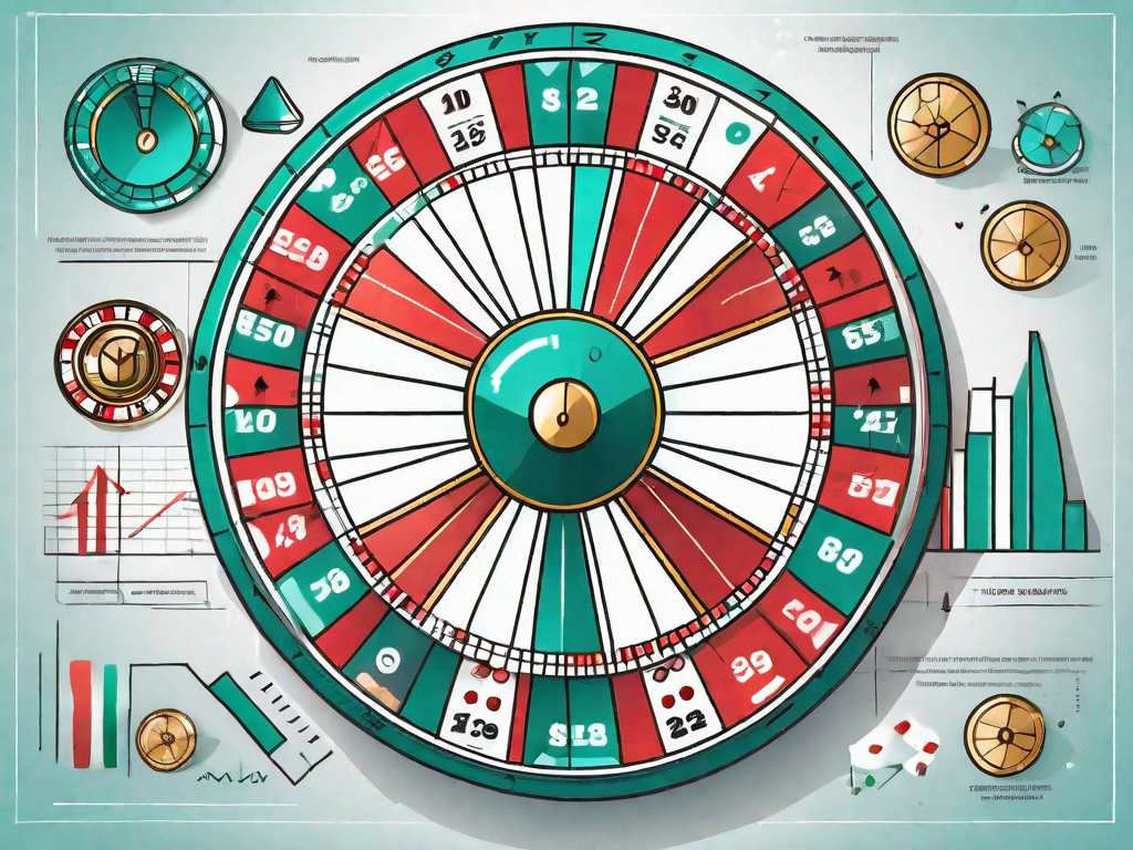 A roulette wheel with various business icons like graphs