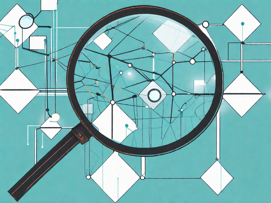 A magnifying glass examining a series of interconnected data points or nodes