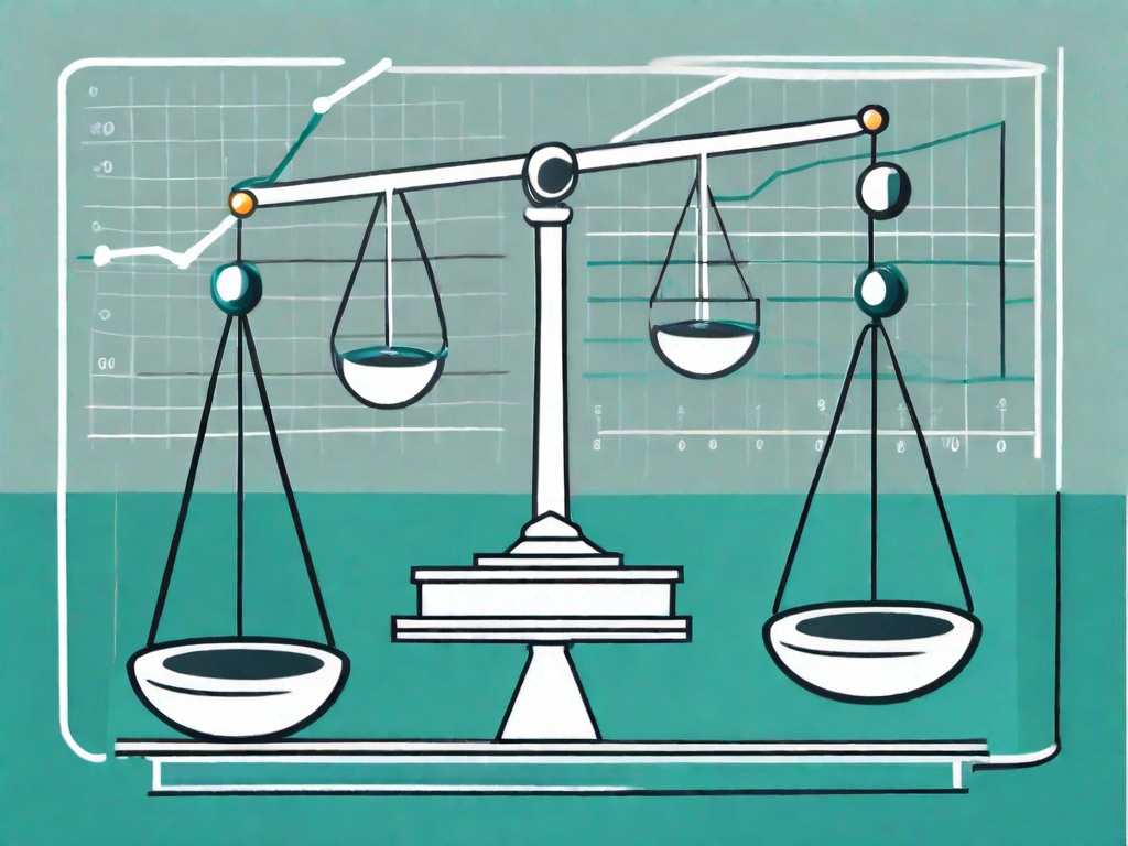 A balanced scale with various business-related symbols on one side