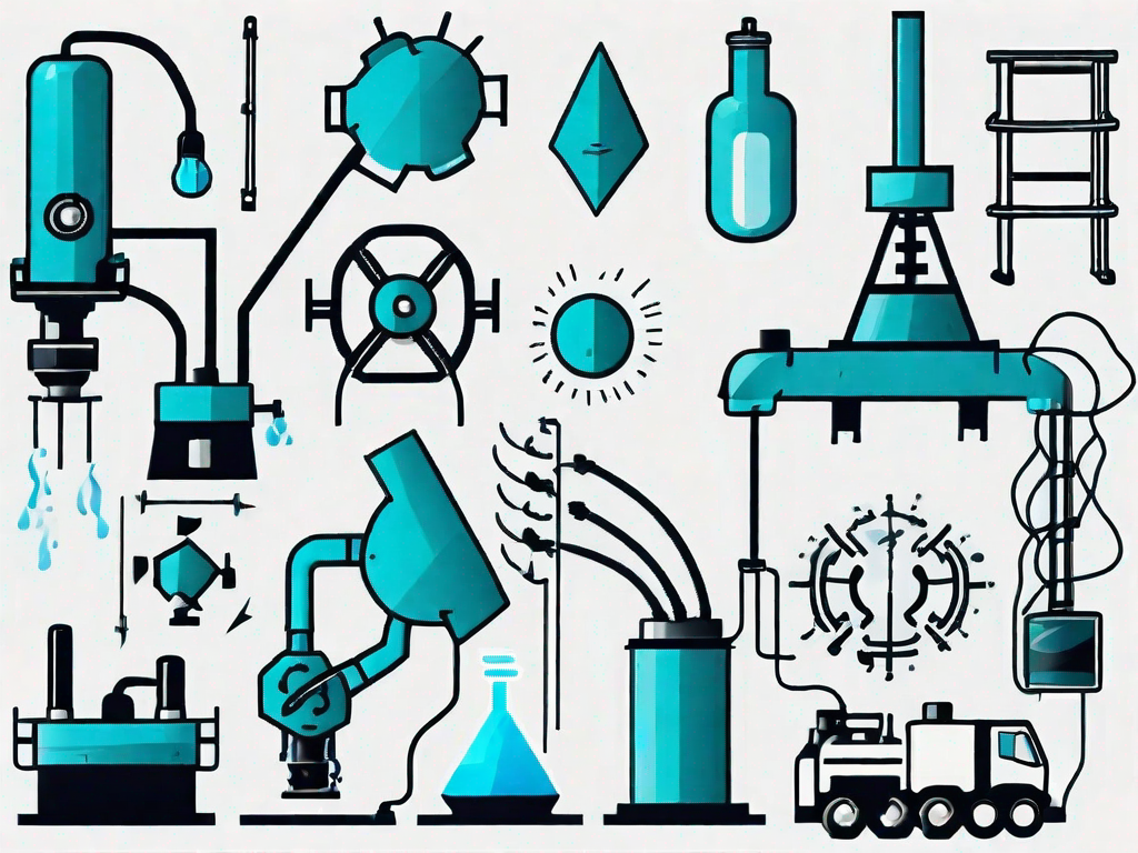 Various pieces of industrial equipment surrounded by symbols representing potential risks such as fire