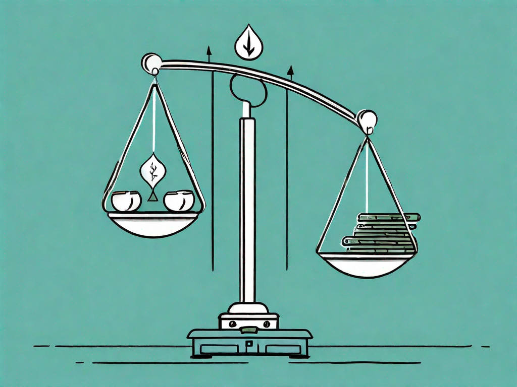 A balance scale with a briefcase on one side symbolizing business and various symbols of resources (like a clock