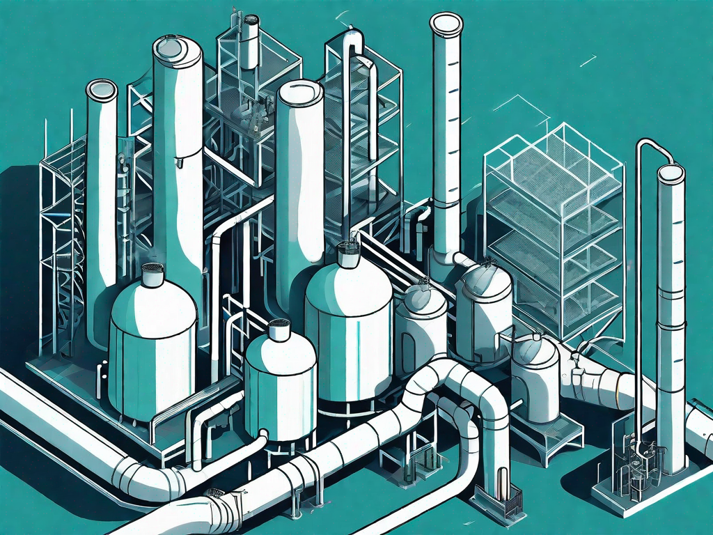 A large industrial facility with various highlighted areas indicating potential risk factors such as a smokestack