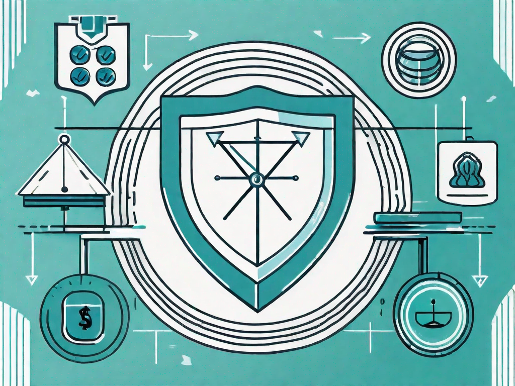 A balanced scale with various financial symbols on one side and a shield symbolizing protection on the other