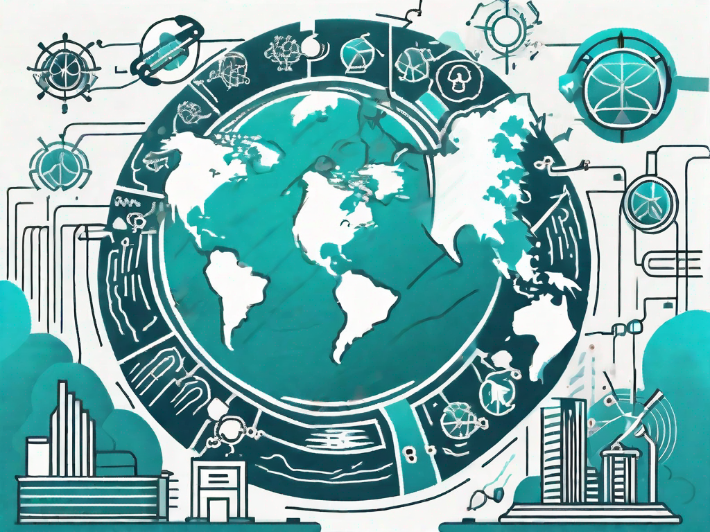 A globe surrounded by various symbols representing different types of risks such as a storm cloud (for natural disasters)