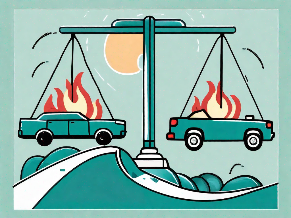 A balanced scale with insurance policy on one side and potential hazards like a storm