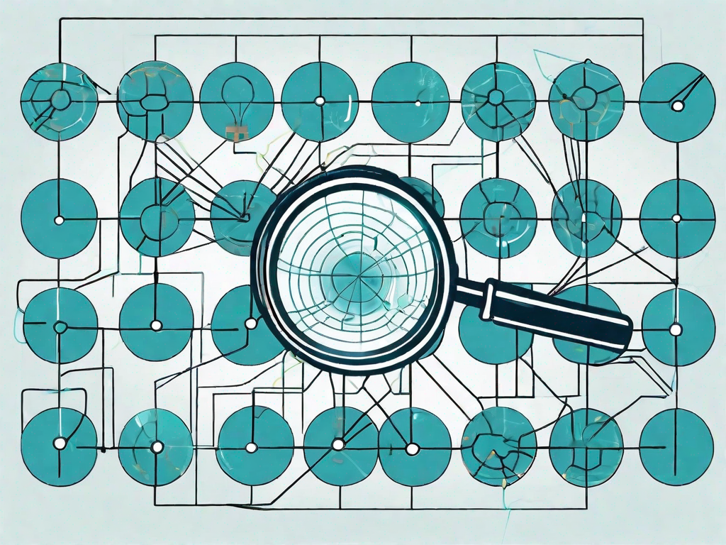 A magnifying glass examining a stylized network of interconnected computer systems