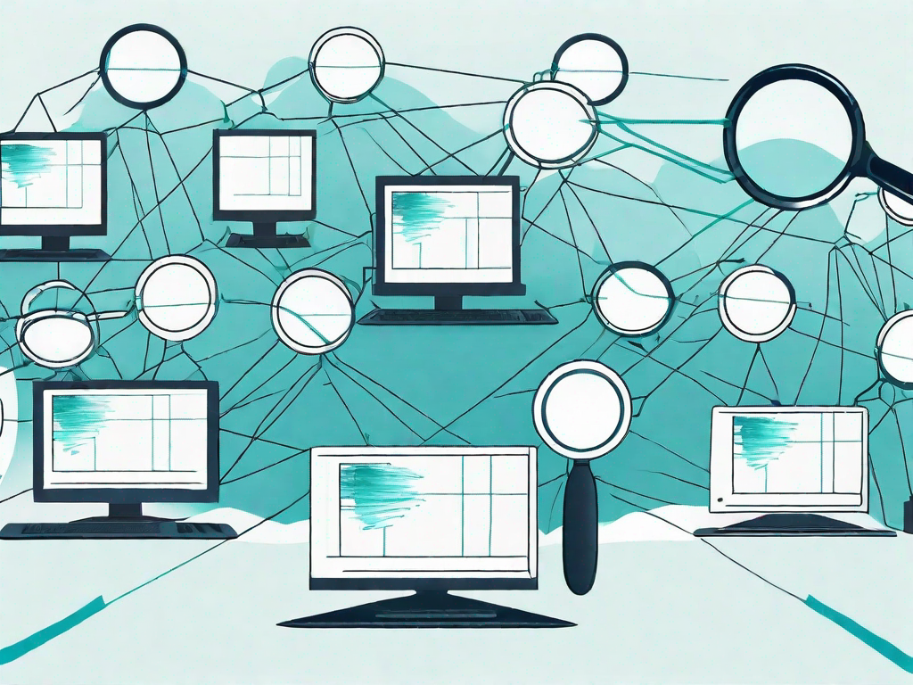 A network of interconnected computers with a magnifying glass hovering over it