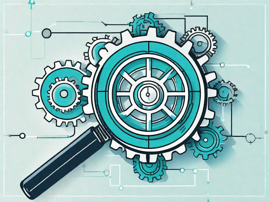 A magnifying glass hovering over a complex flowchart or network of interconnected gears