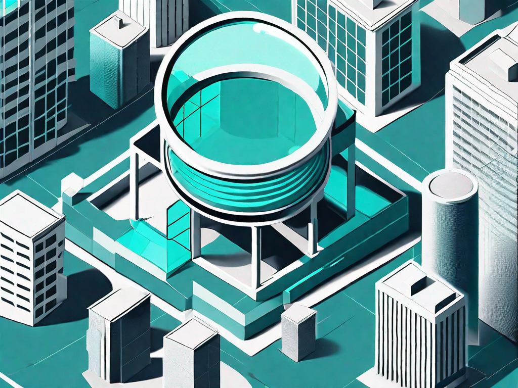 A magnifying glass hovering over a 3d model of an office building