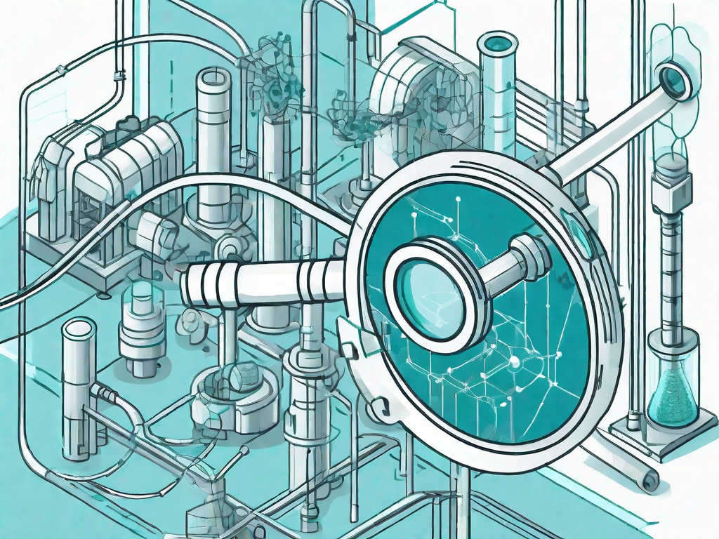 A complex industrial system with various interconnected parts