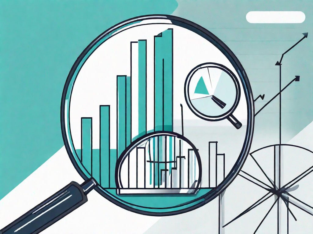 A magnifying glass hovering over a pie chart and bar graph