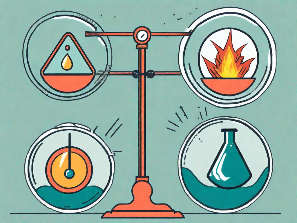 A magnifying glass hovering over a balance scale with one side containing various symbols of potential risks (like a fire