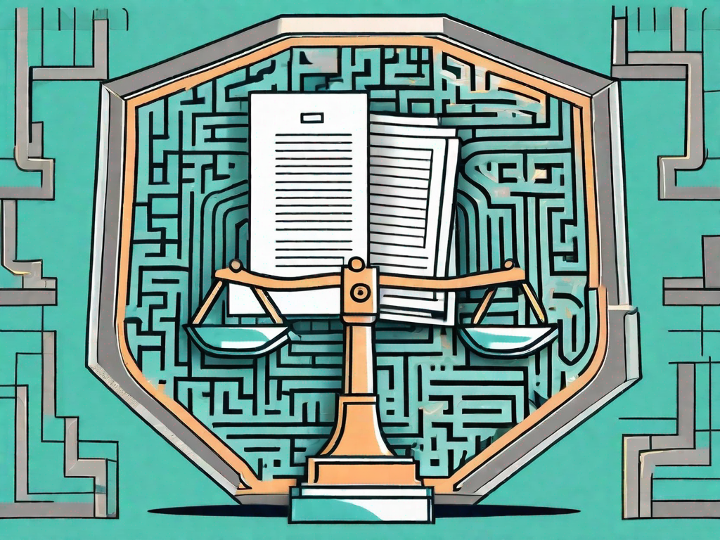 A balancing scale where one side holds a pile of legal documents and the other side holds a shield signifying protection