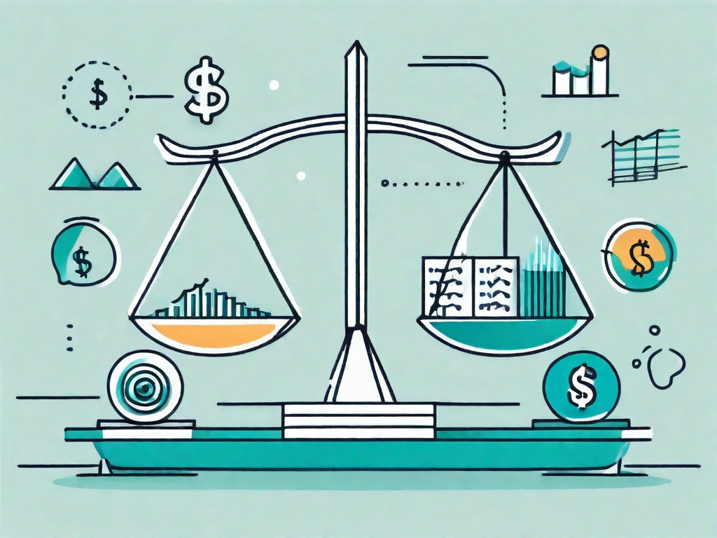 A balance scale with different business-related icons such as graphs