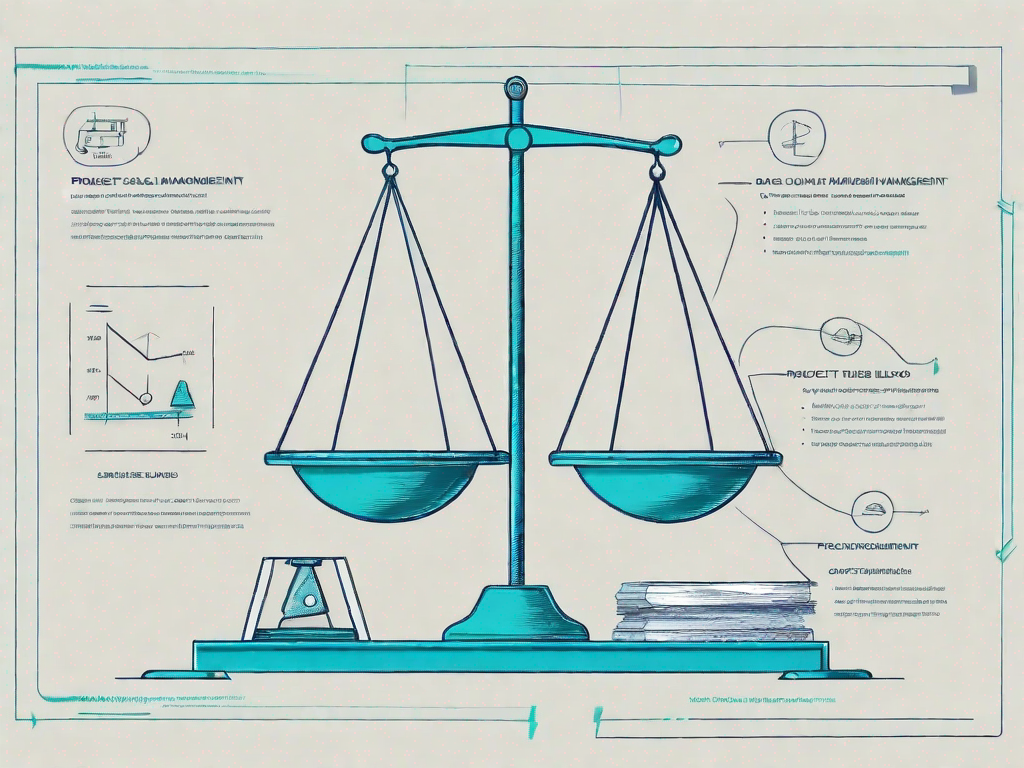 A balance scale with project management tools on one side and potential risks on the other