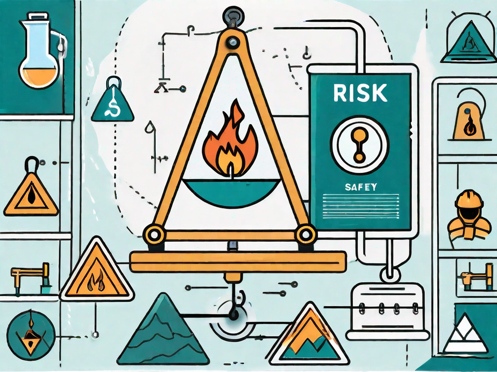 A balanced scale with various risk factors like a fire