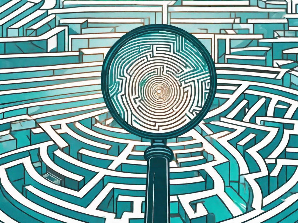 A magnifying glass hovering over a complex labyrinth