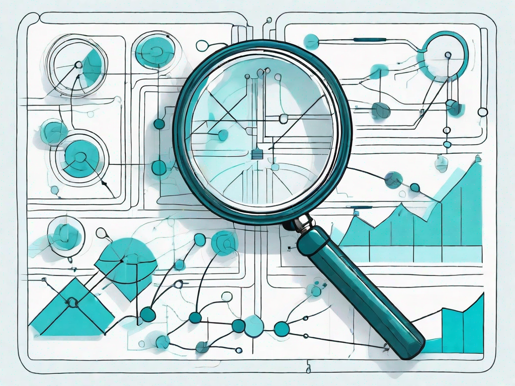 A magnifying glass hovering over a complex flowchart or diagram to represent the process of business analysis