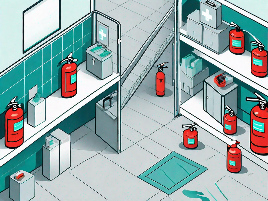 A well-organized workplace featuring safety equipment like fire extinguishers