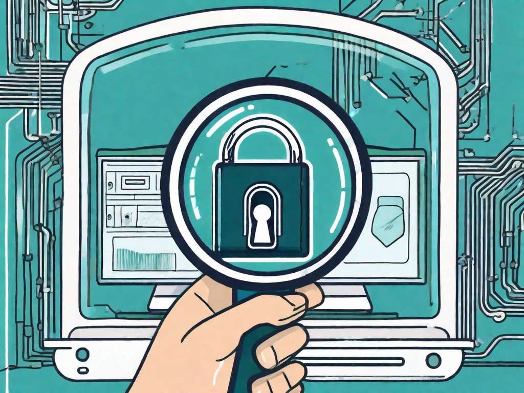 A magnifying glass examining a digital lock on a computer screen