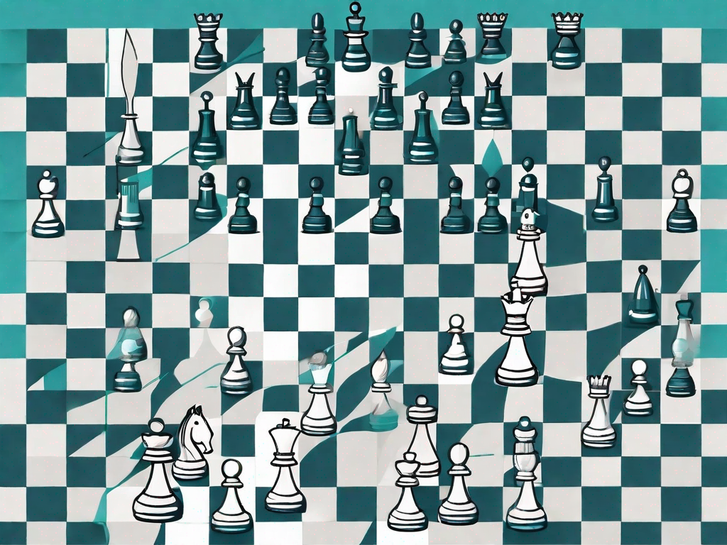 A chess board with various strategic moves highlighted