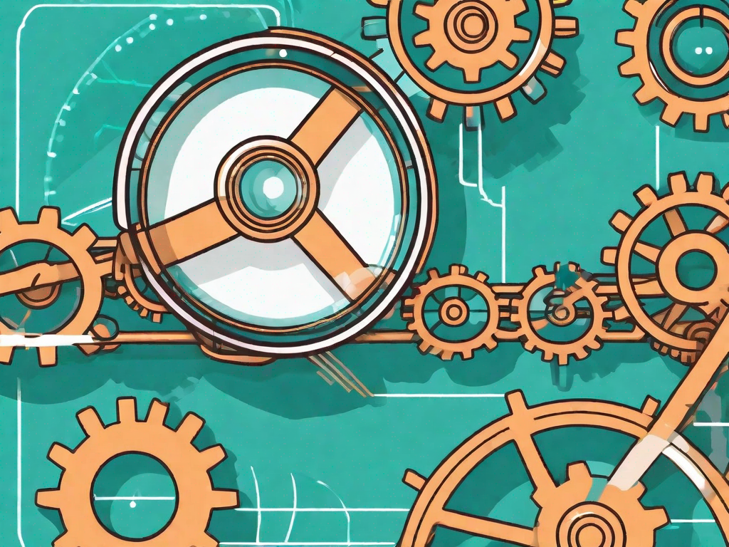 A magnifying glass hovering over a chain of interconnected gears