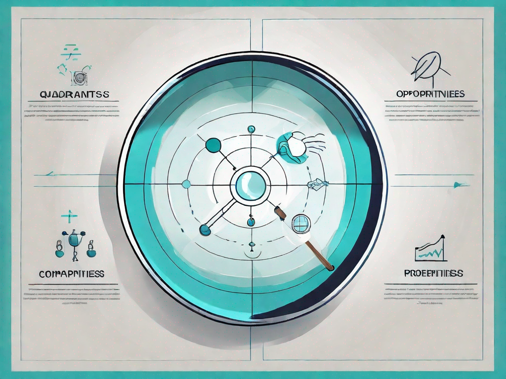 A magnifying glass hovering over a four-quadrant chart