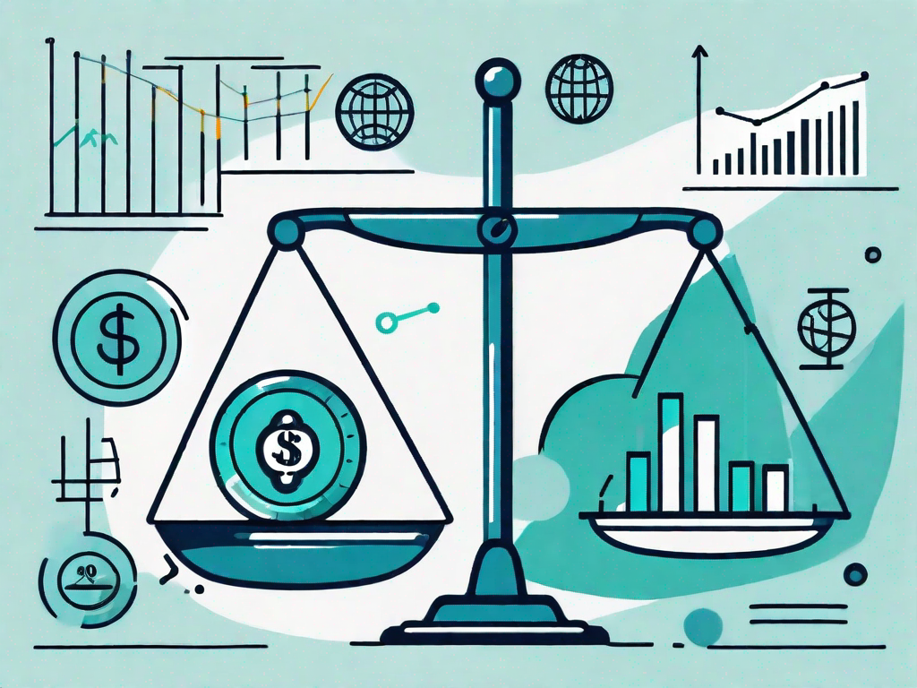 A balanced scale with different business-related icons such as graphs