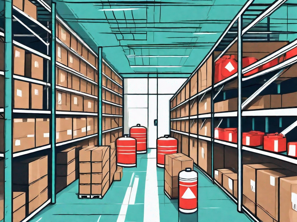 A warehouse with visible safety features like fire extinguishers
