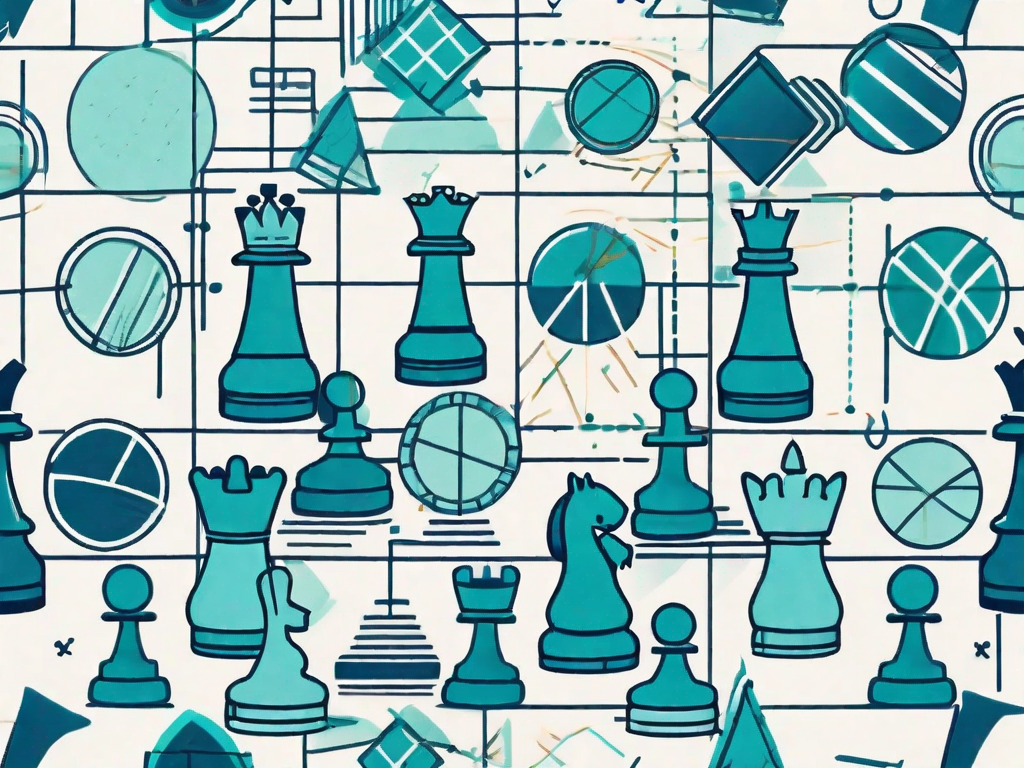 A chessboard with various business-related icons like graphs