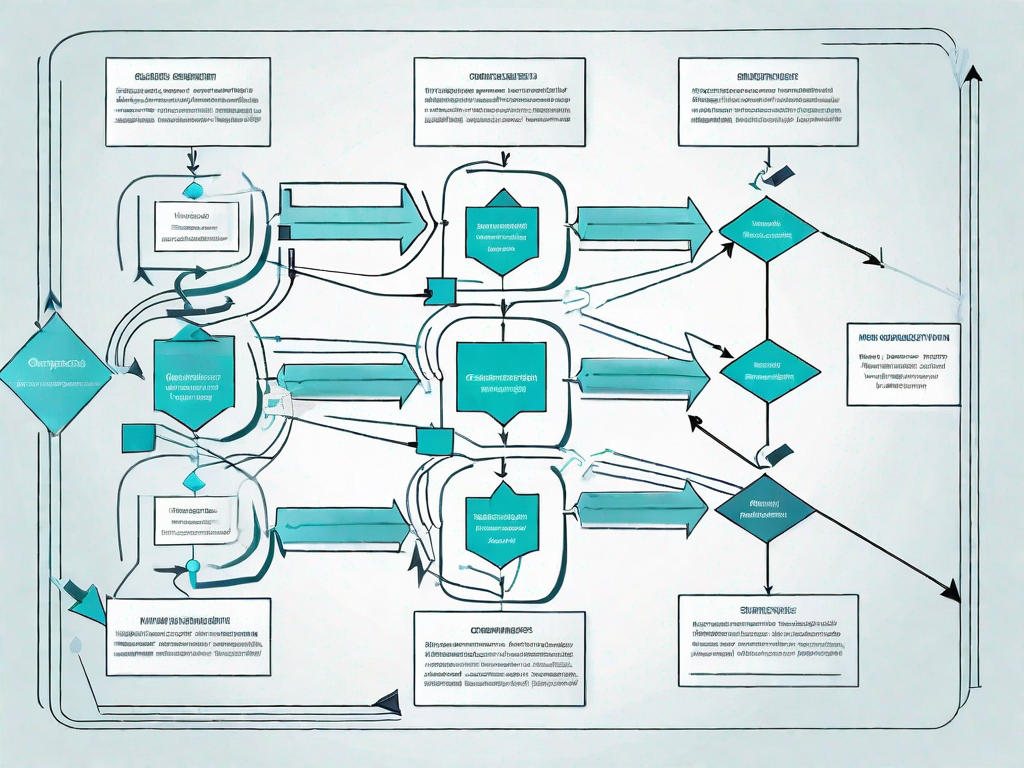 A detailed flow chart model with various interconnected boxes and arrows