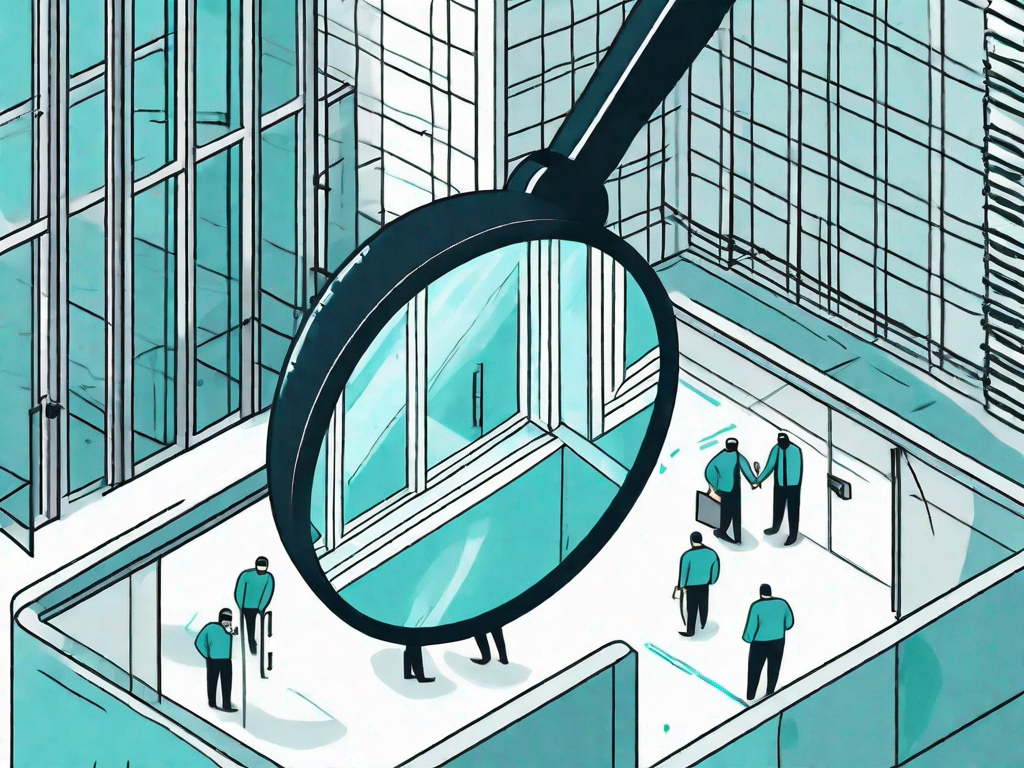 A magnifying glass inspecting a building surrounded by potential security risks like an open gate